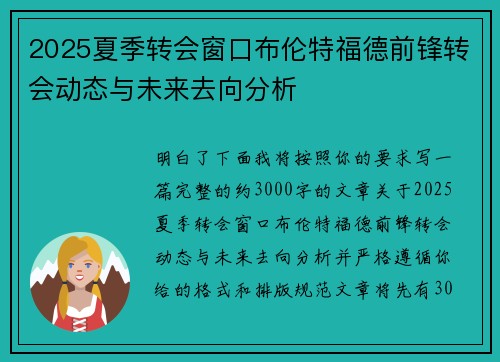 2025夏季转会窗口布伦特福德前锋转会动态与未来去向分析